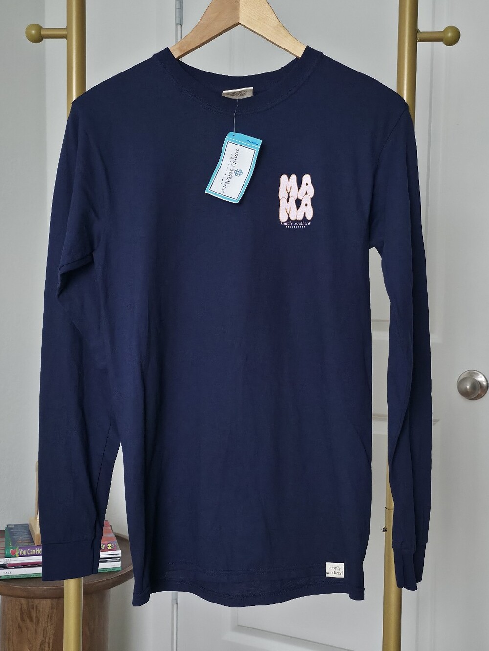 NWT Simply Southern Leopard Mama Flowers Long Sleeve T-Shirt, Navy, Small, Crew